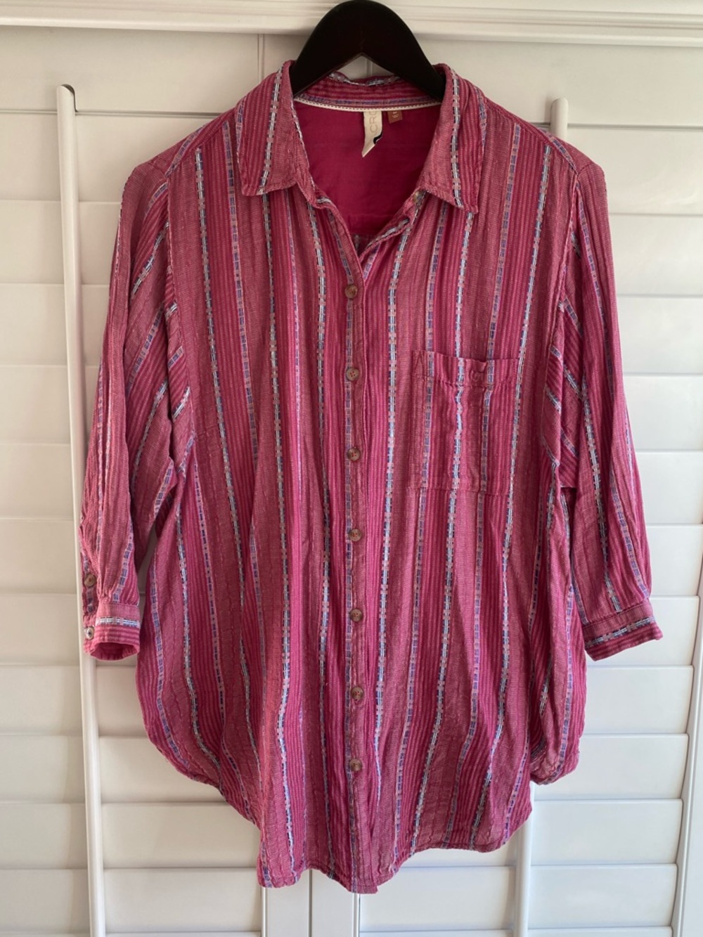 Pilcro Anthropologie Magenta/Pink Striped Button Down Tunic Top Small Petite